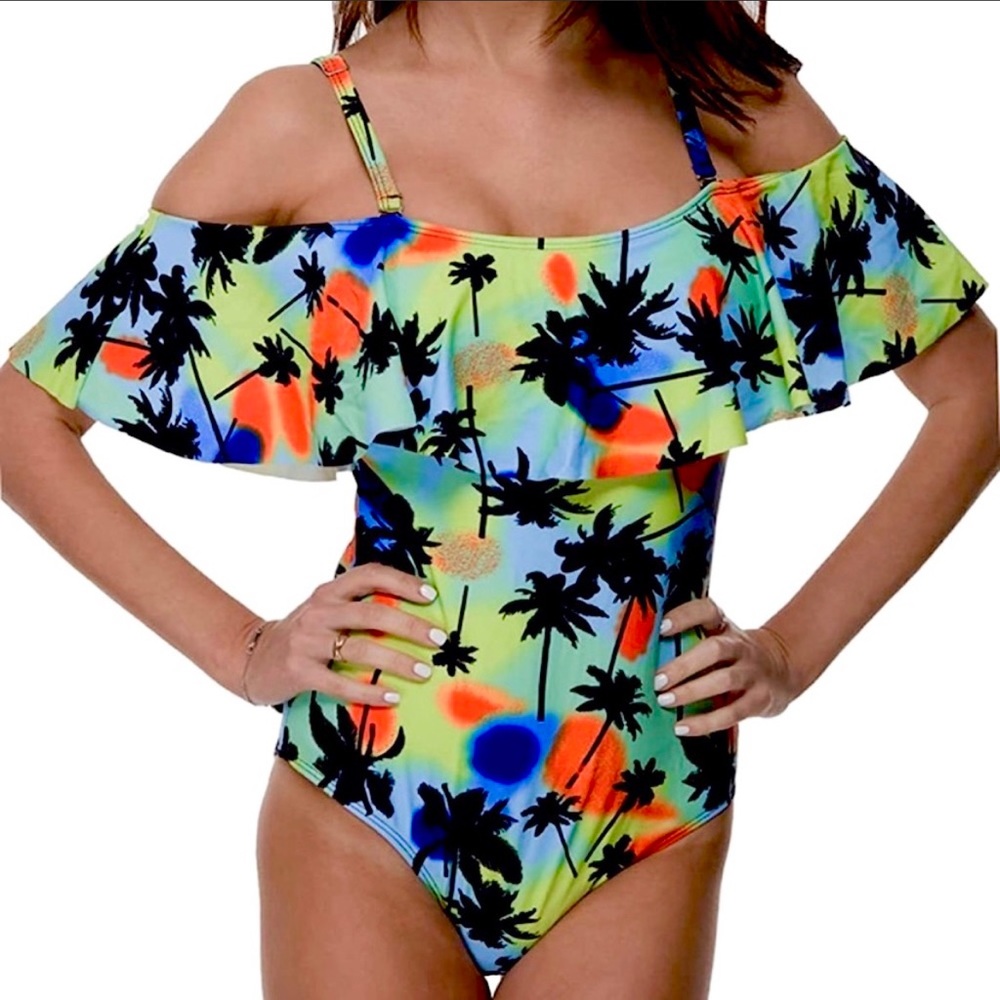 tropical Print Off The Shoulder One Piece palm tree Swimsuit NWT